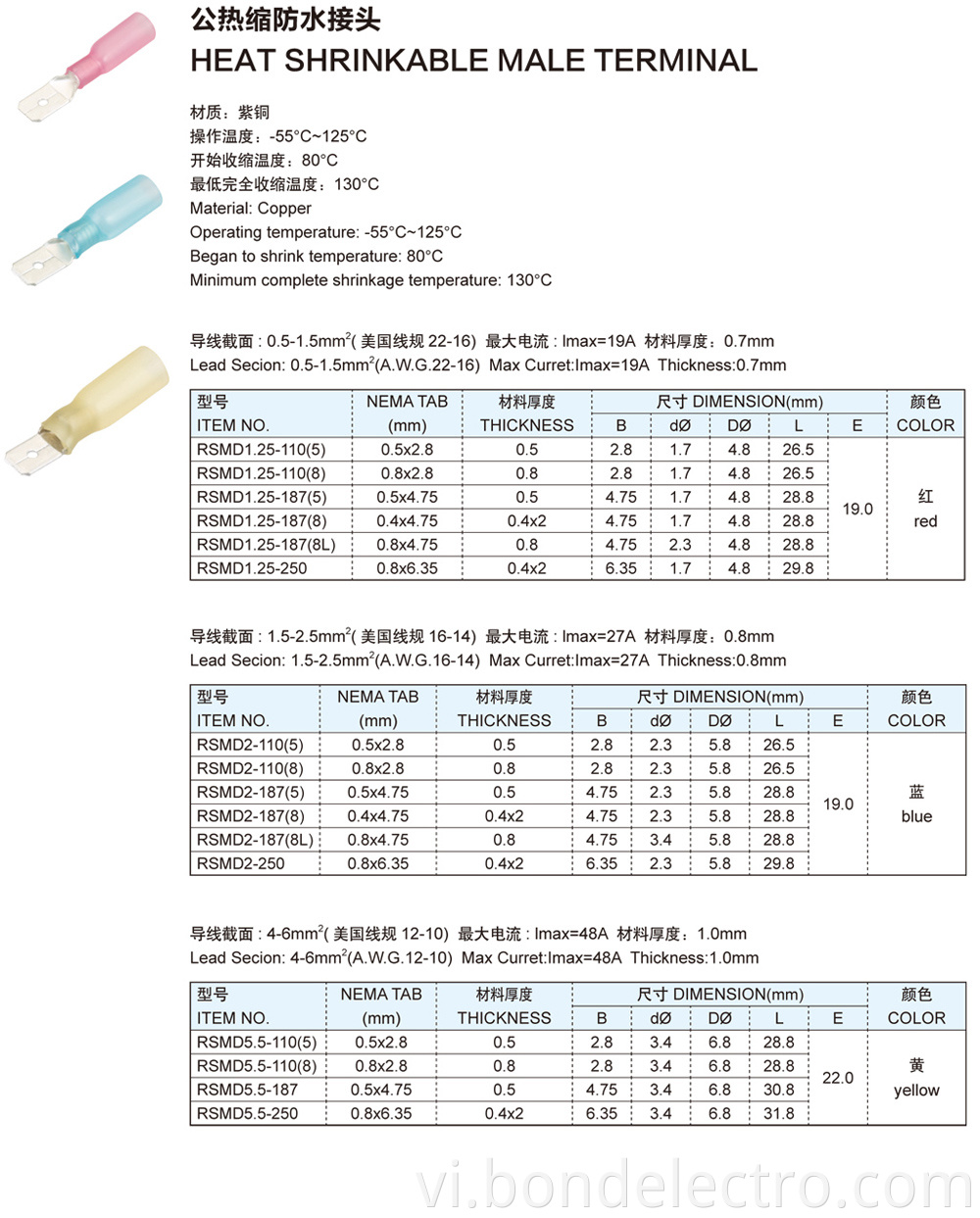 Parameter of HEAT SHRINKABLE MALE TERMINAL